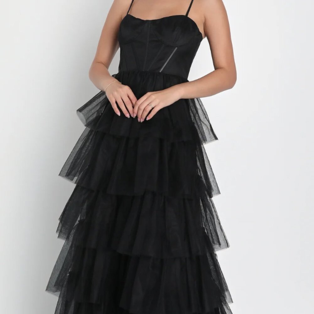 Rule the Runway Black Tulle Bustier Tiered Maxi Dress